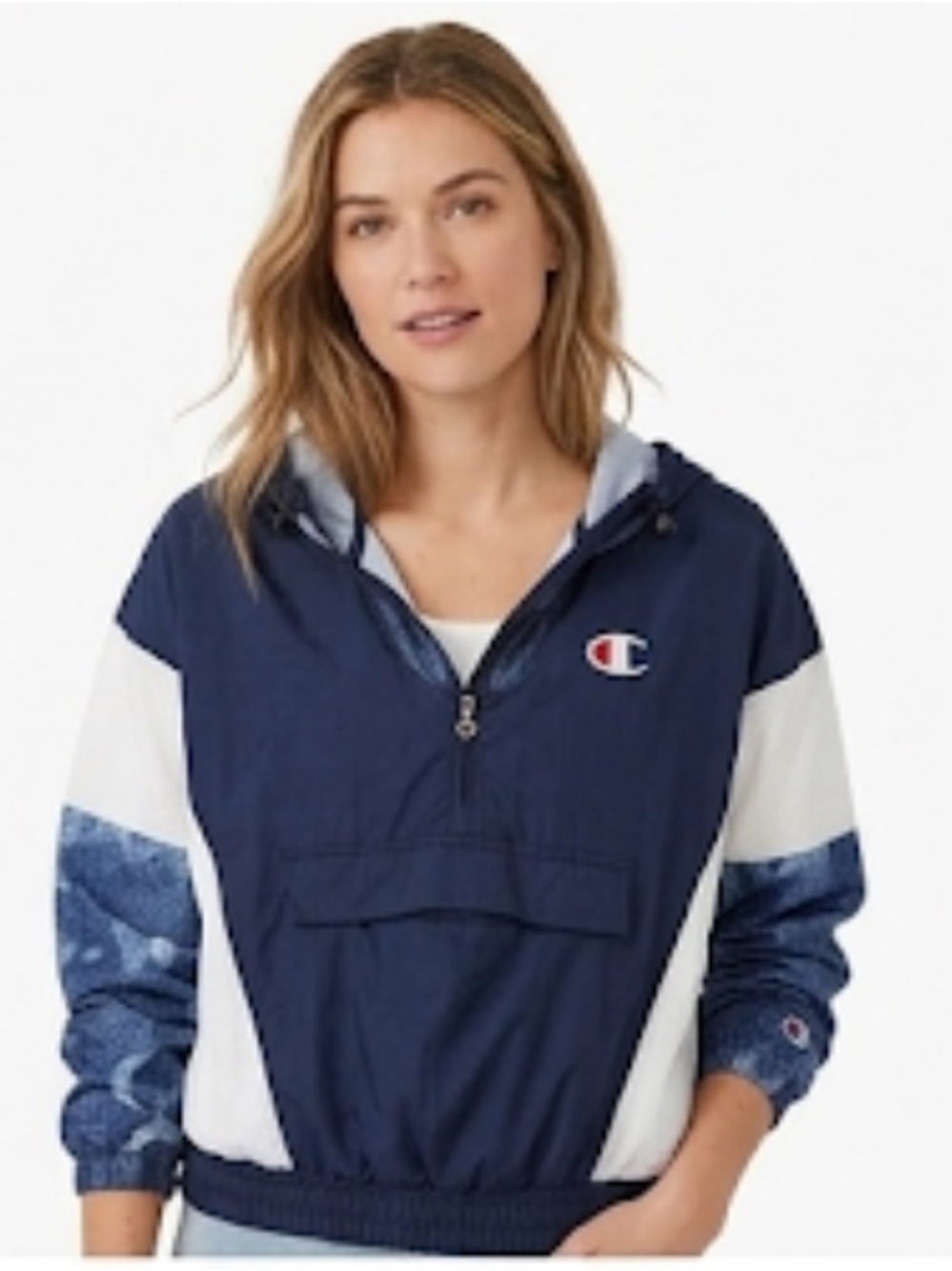 Champion Navy and White half zip meshed pullover hooded jacket size L